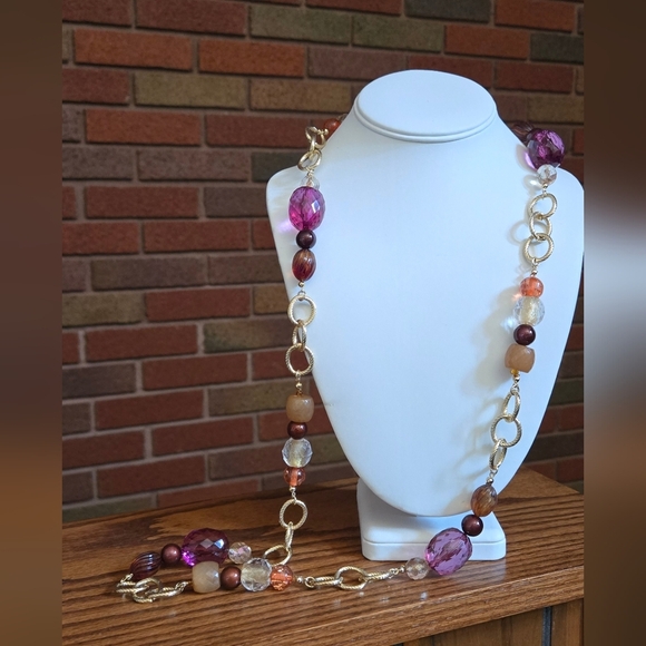 Vintage George Gold Tone and Purple Brown Tan Color Beaded Necklace - Picture 7 of 9